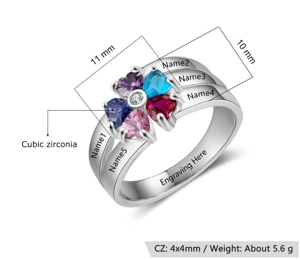 Personalized Mother's Ring 5 Birthstones 5 Engraved Names Flower Design