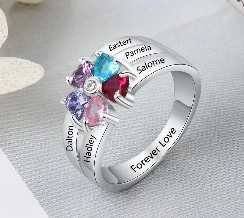 Personalized Mother's Ring 5 Birthstones 5 Engraved Names Flower Design