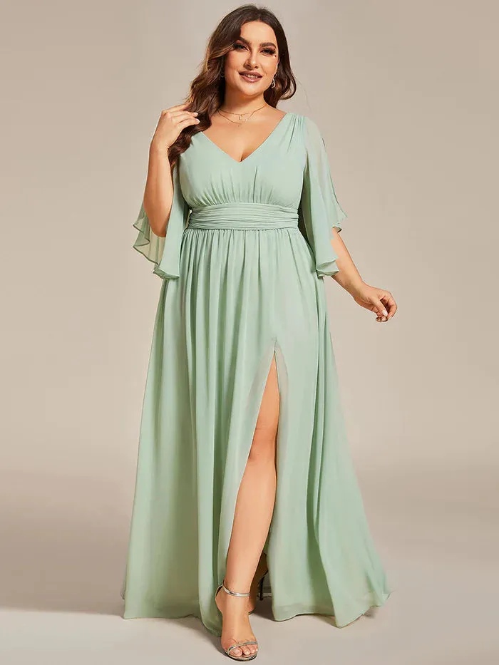 Plus V Neck Pleated Belt Chiffon Evening Dress