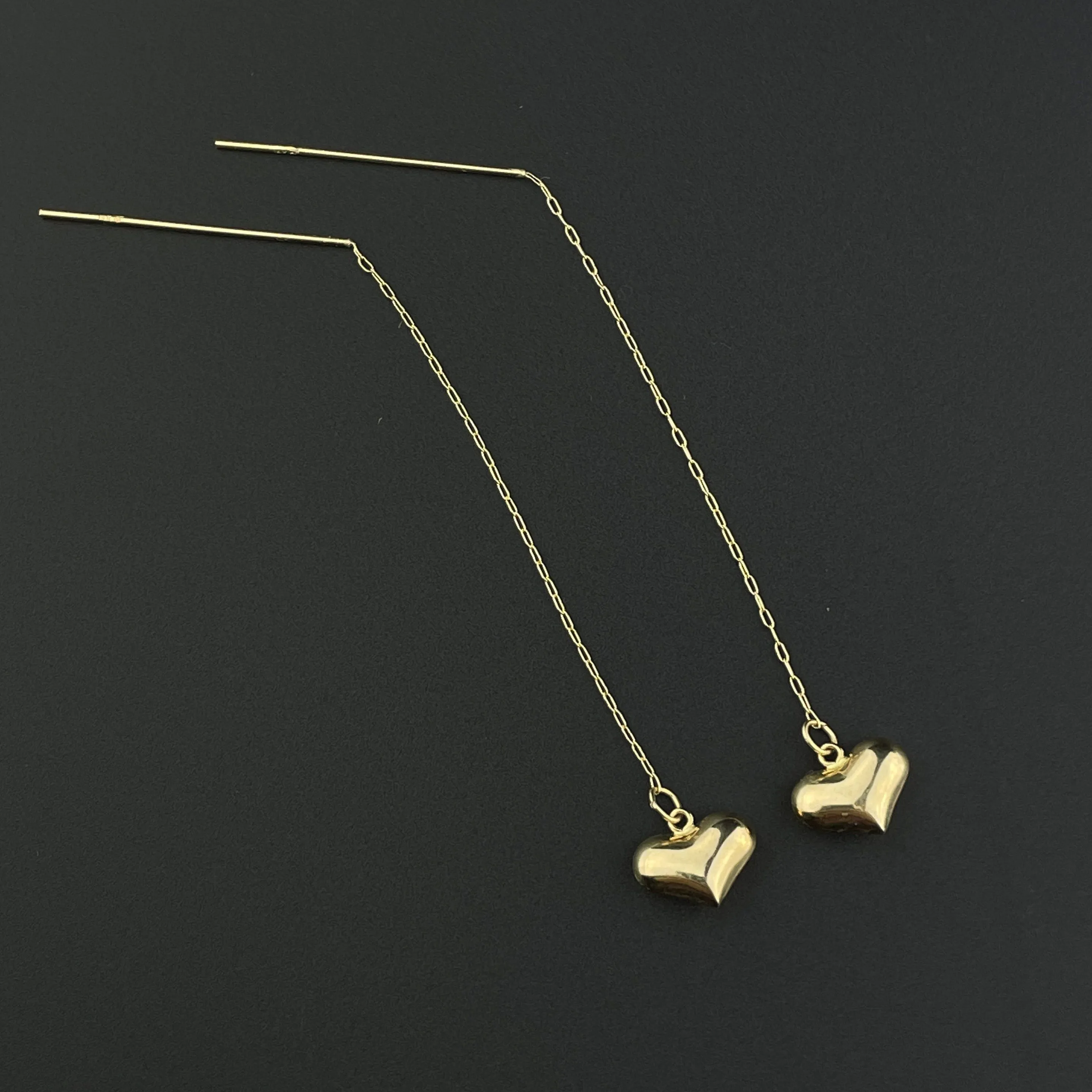 Puffy Heart Dangle 14K Gold Threader Earrings