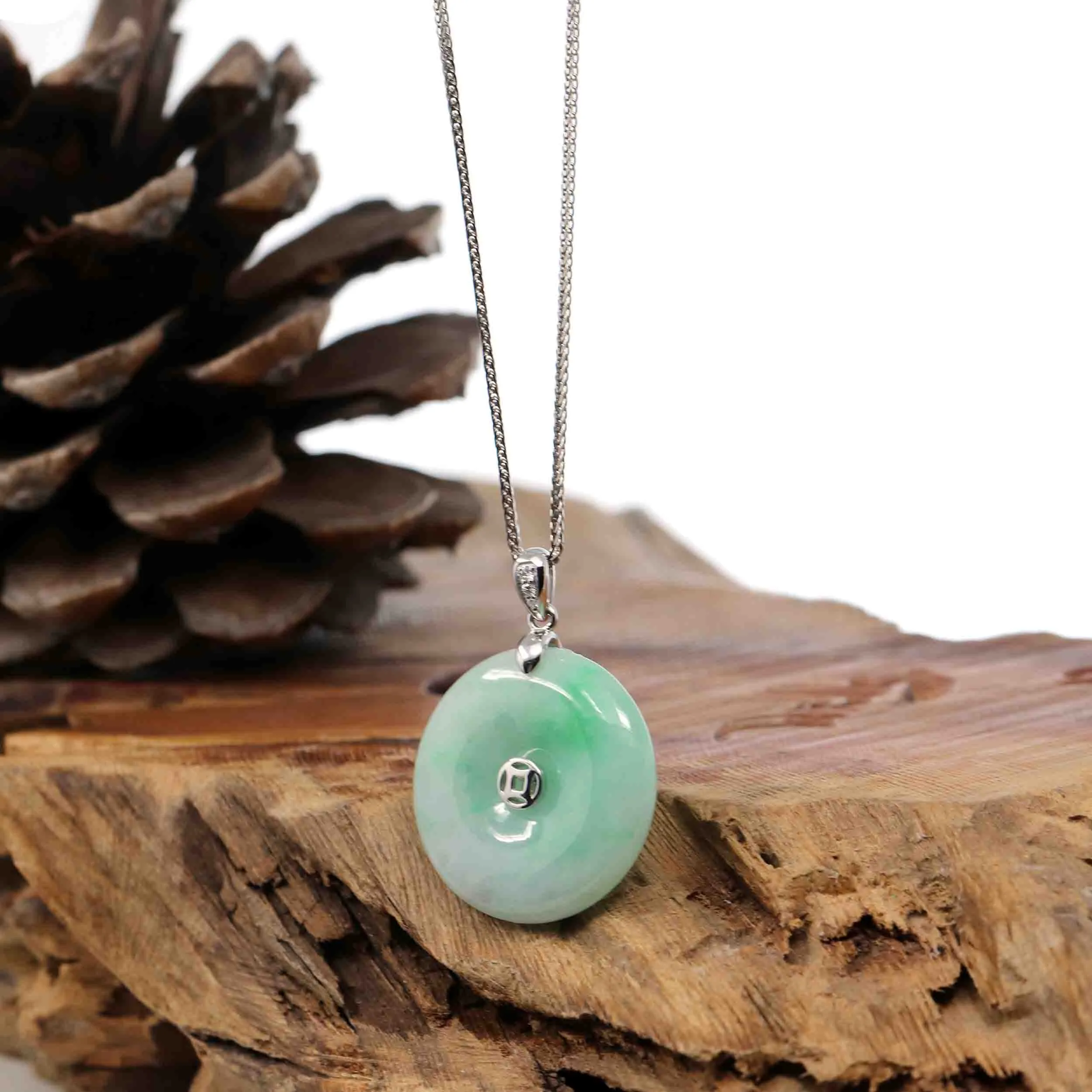 "Good Luck Button" Jadeite Jade Lucky KouKou Pendant With 14K White Gold Bail