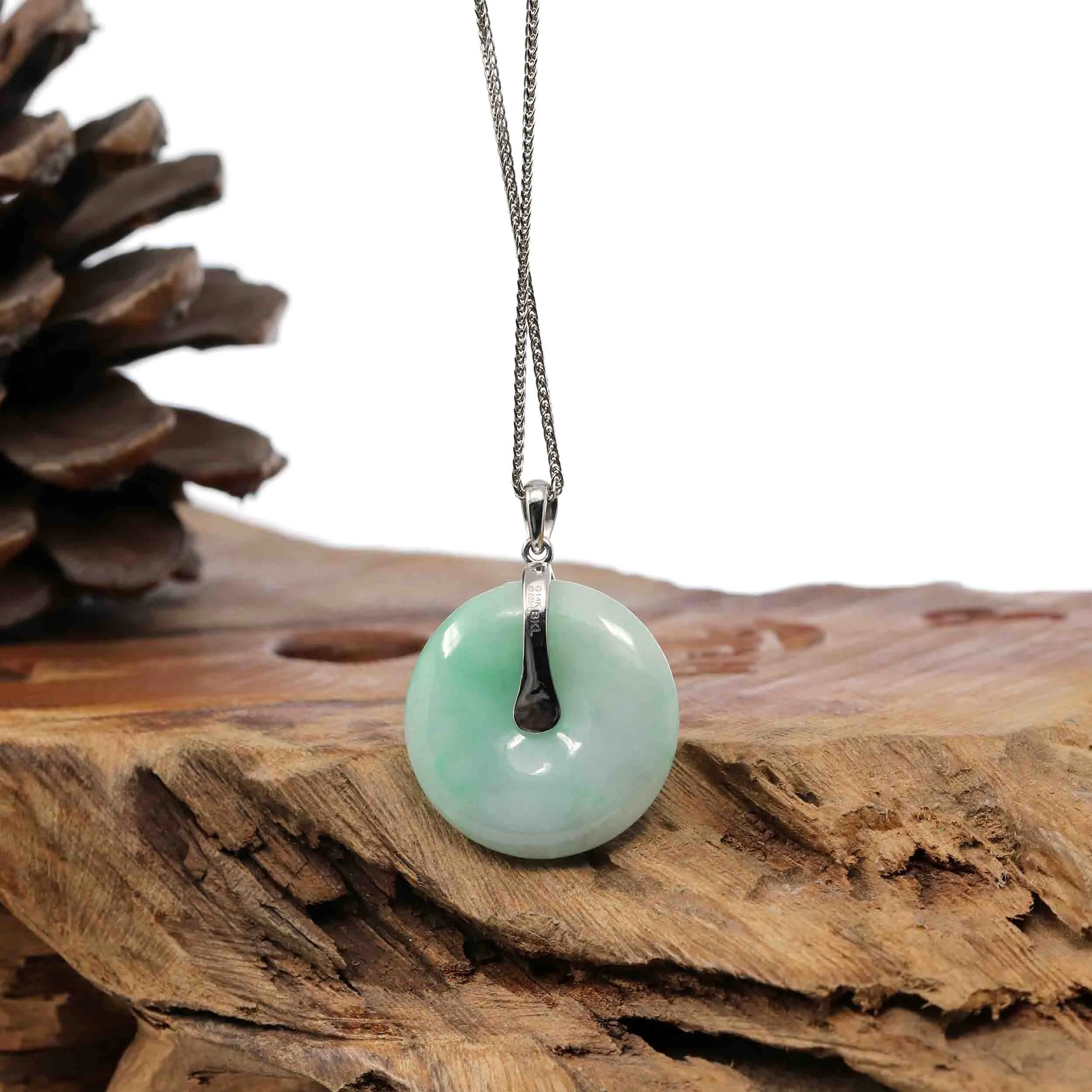 "Good Luck Button" Jadeite Jade Lucky KouKou Pendant With 14K White Gold Bail