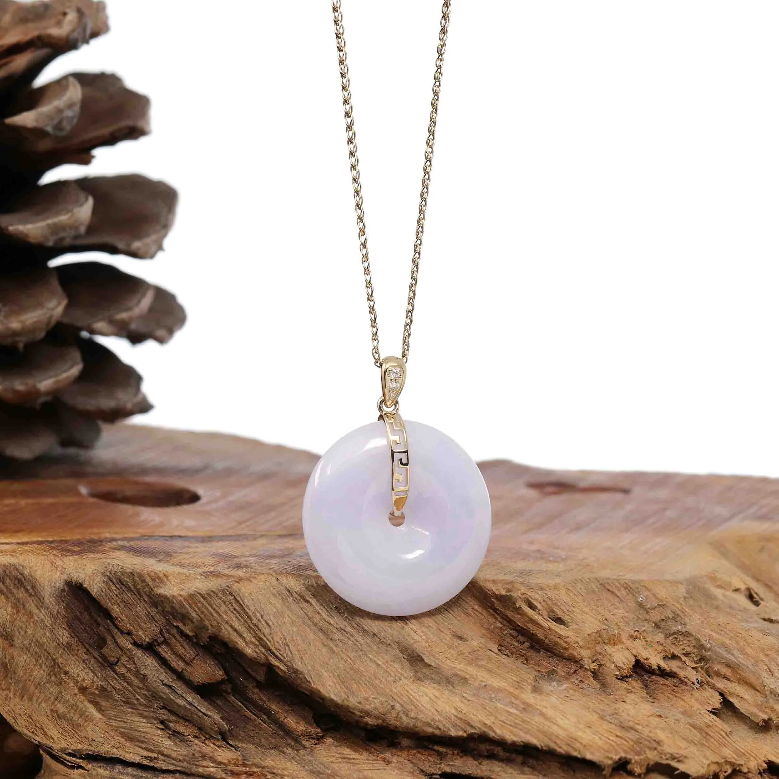 "Good Luck Button" Lavender Jadeite Jade Lucky KouKou Pendant With 14K Yellow Gold Bail