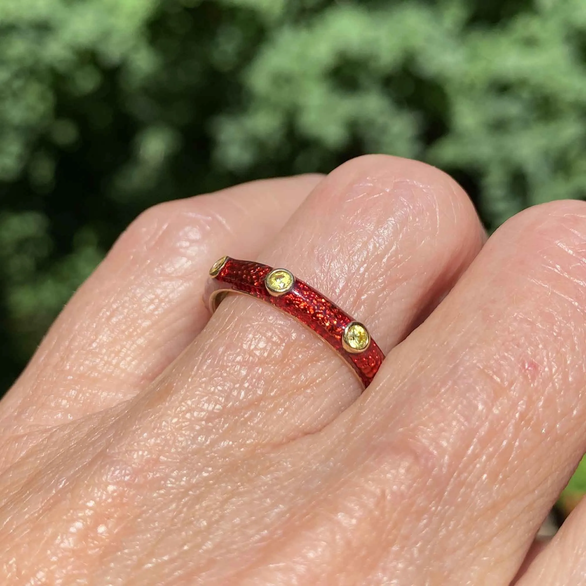 Red Enamel Peridot Band Ring, Sterling Silver Gold Gilt