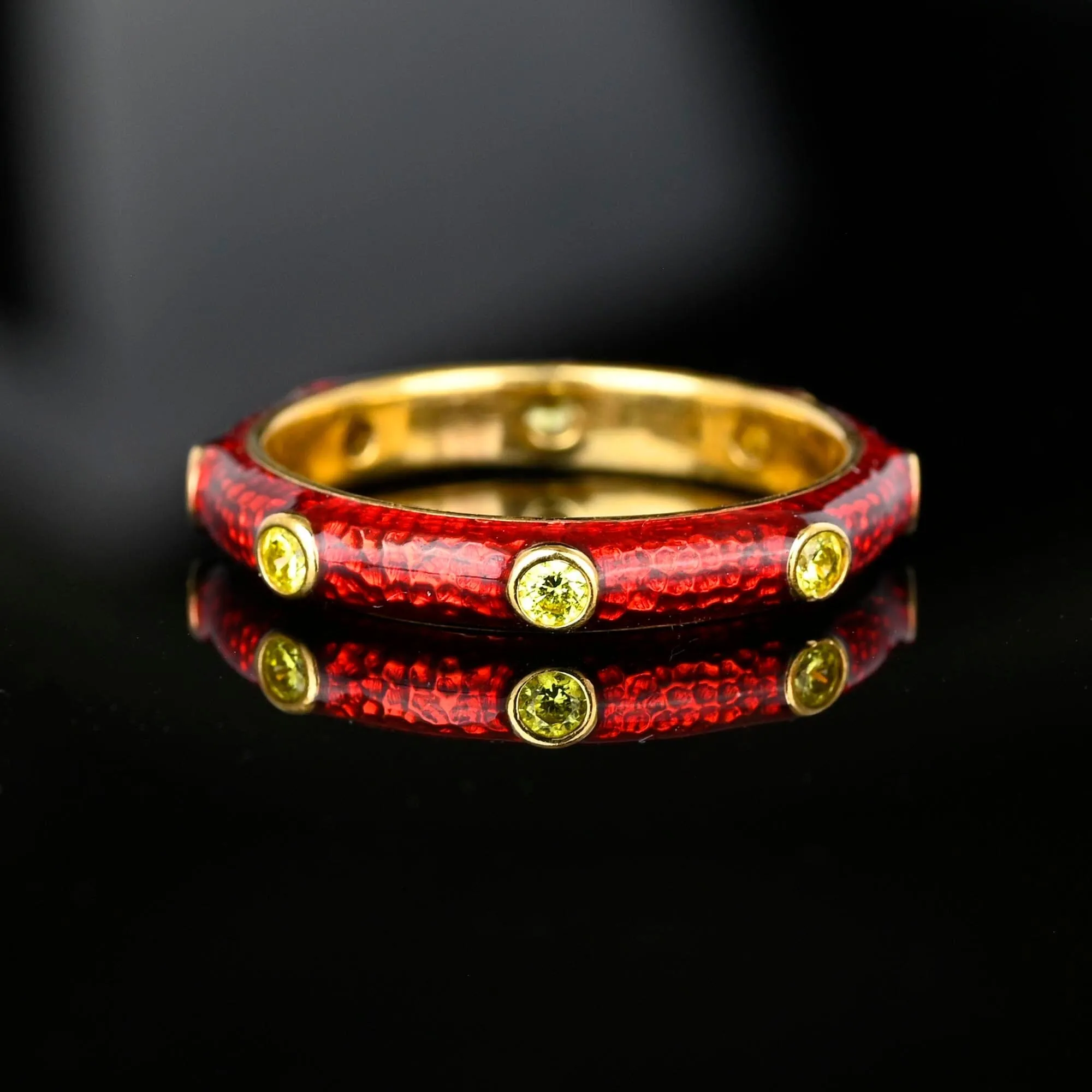 Red Enamel Peridot Band Ring, Sterling Silver Gold Gilt