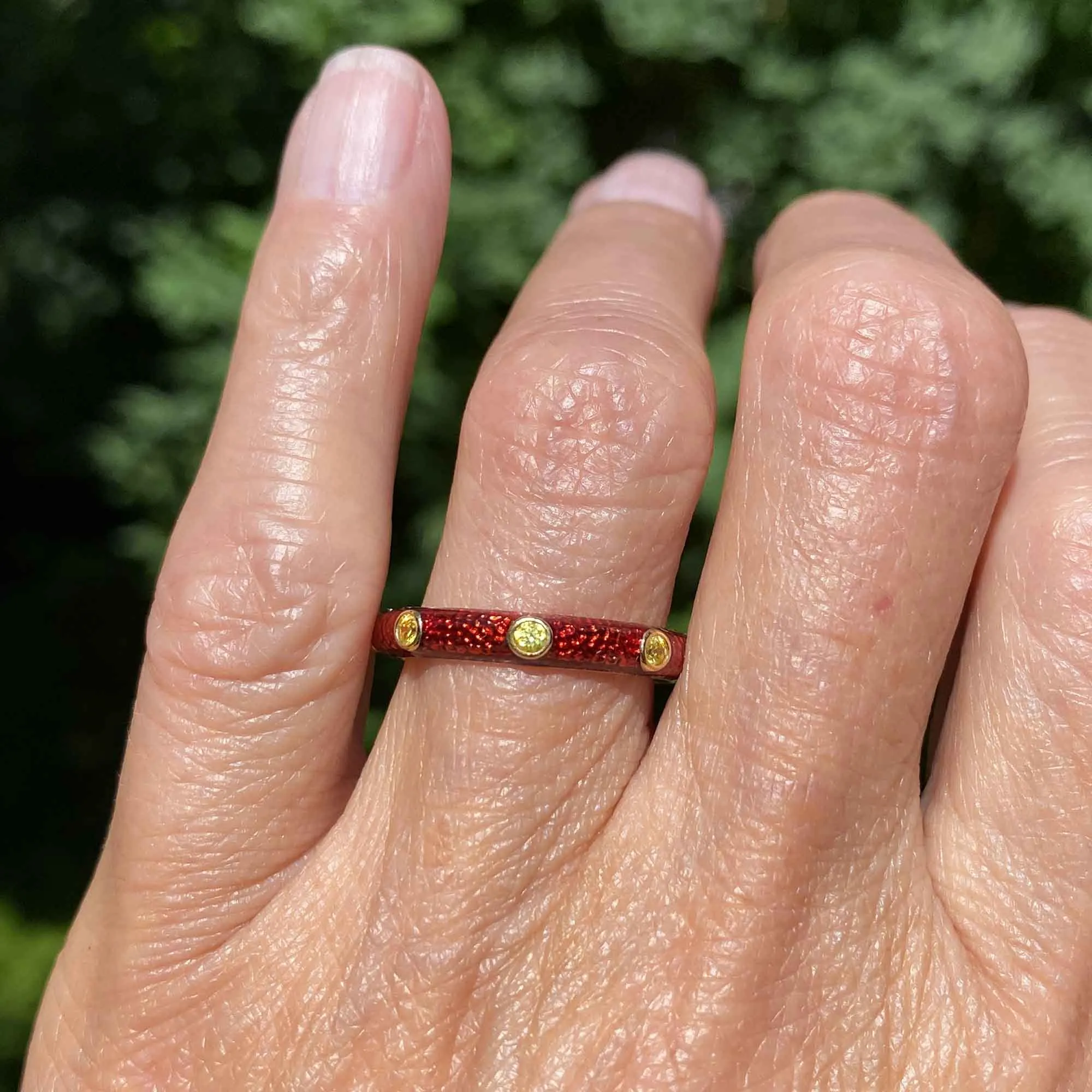 Red Enamel Peridot Band Ring, Sterling Silver Gold Gilt