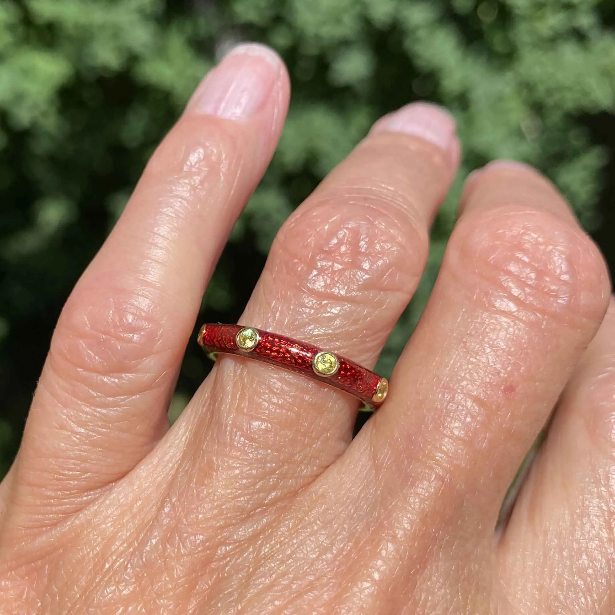 Red Enamel Peridot Band Ring, Sterling Silver Gold Gilt