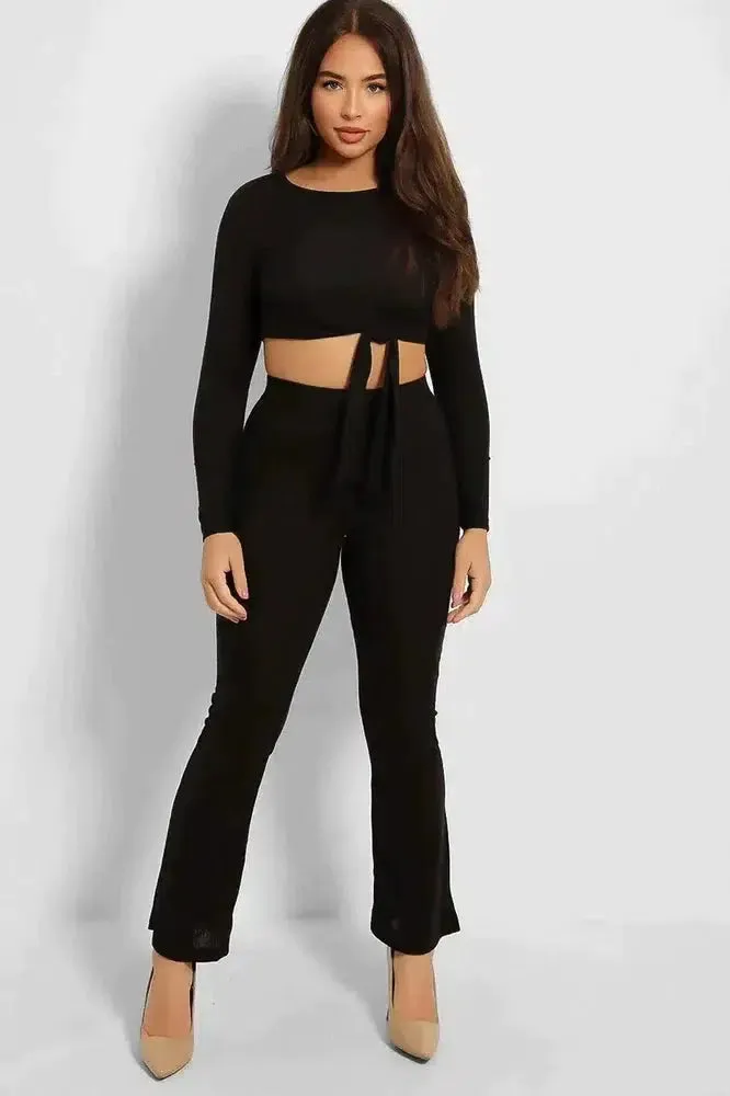 Ribbed Jersey Crop Tie Top And Trousers Set