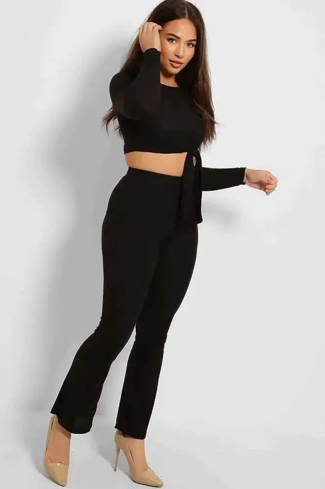 Ribbed Jersey Crop Tie Top And Trousers Set