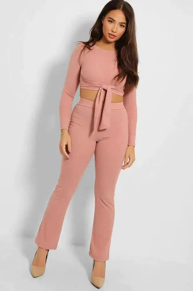 Ribbed Jersey Crop Tie Top And Trousers Set