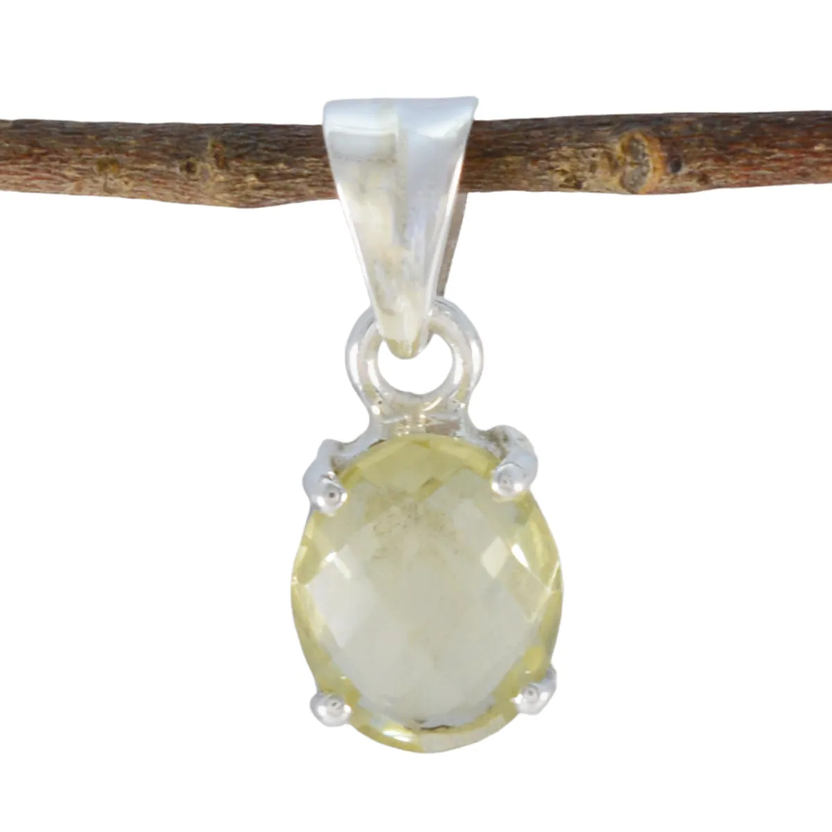 Riyo Beddable Gems Oval Checker Yellow Lemon Quartz Solid Silver Pendant Gift For Easter Sunday