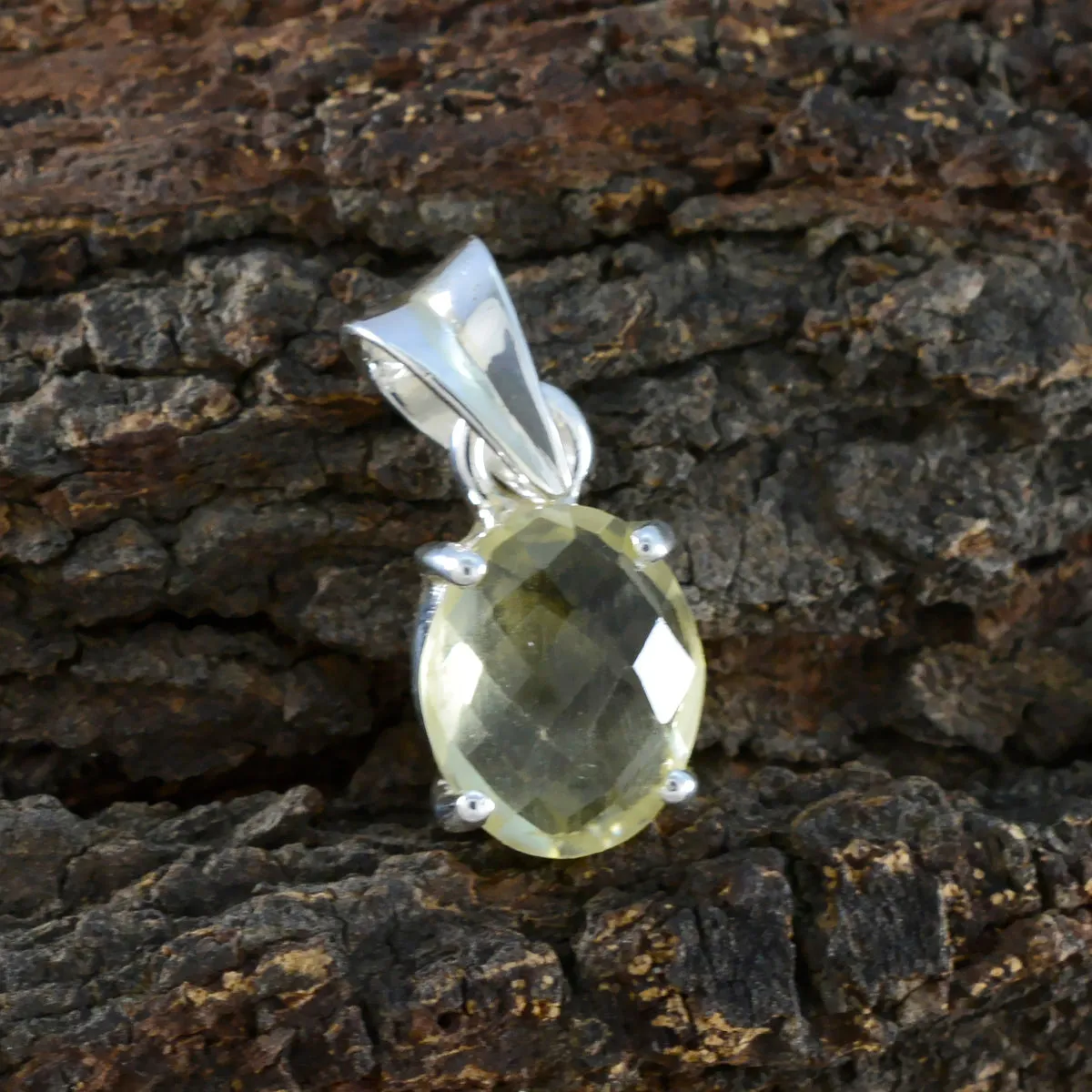 Riyo Beddable Gems Oval Checker Yellow Lemon Quartz Solid Silver Pendant Gift For Easter Sunday