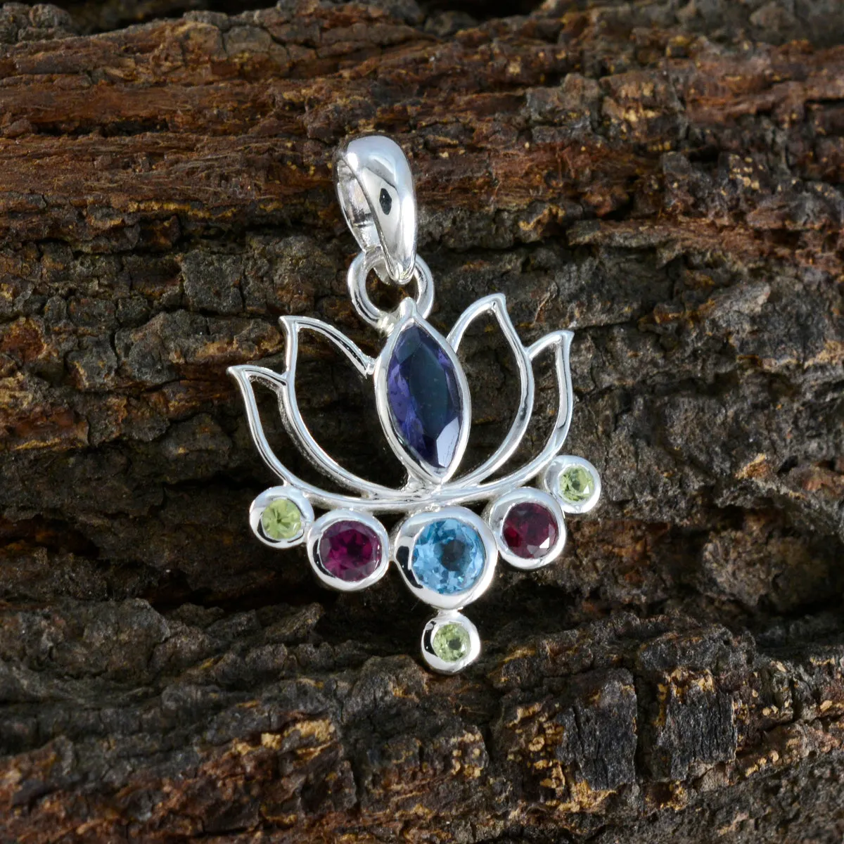 Riyo Elegant Gems Multi Faceted Multi Color Multi Stone Solid Silver Pendant Gift For Good Friday