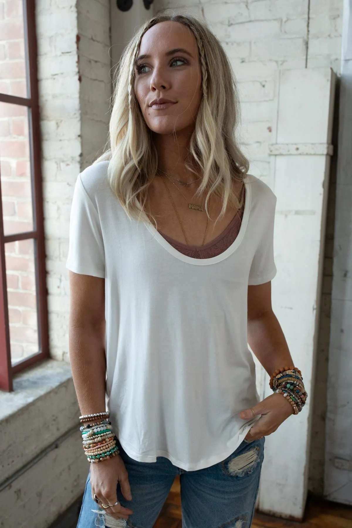 Scoop Neck Bralette Tee - White