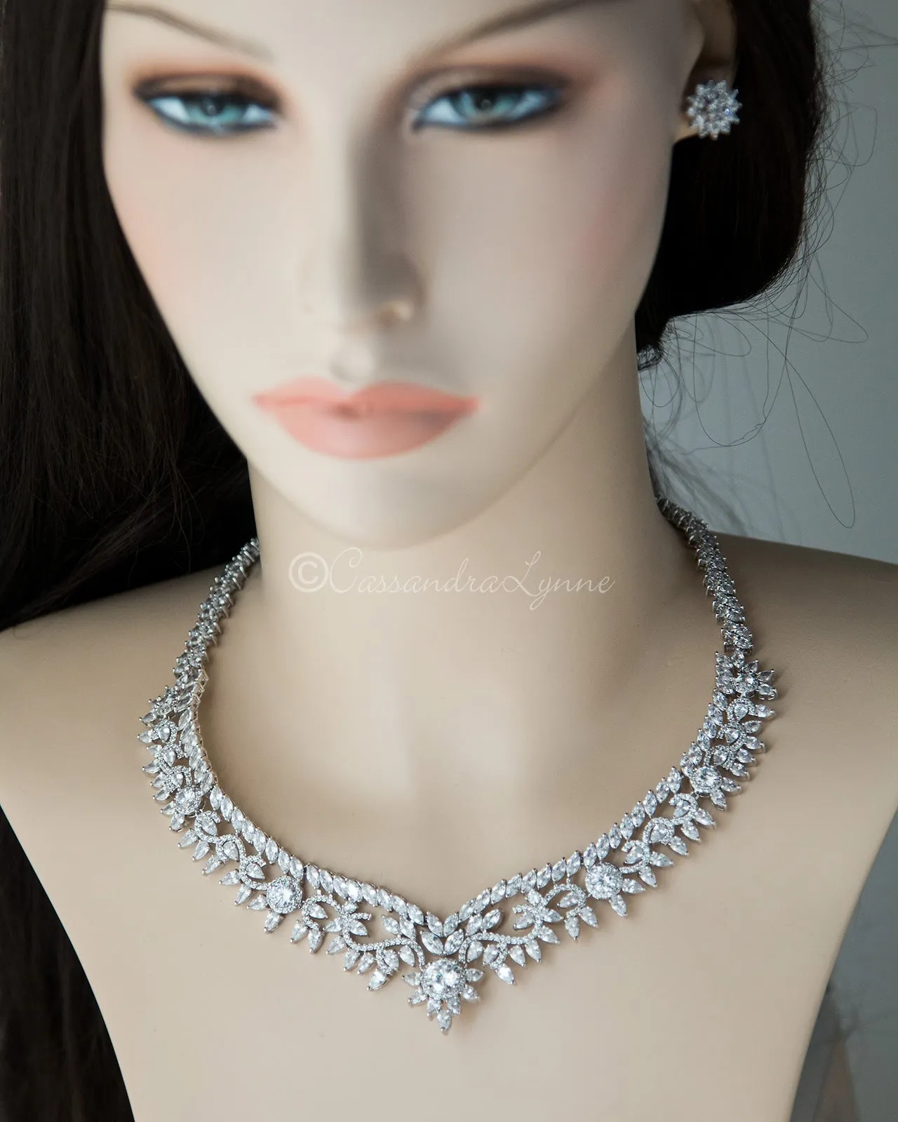 Scrolling Floral Cubic Zirconia Necklace Set