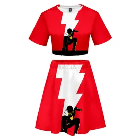 Shazam! Cosplay Costume Adult Women T-shirt Crop Top  Skirt Outfits Halloween Carnival Suit