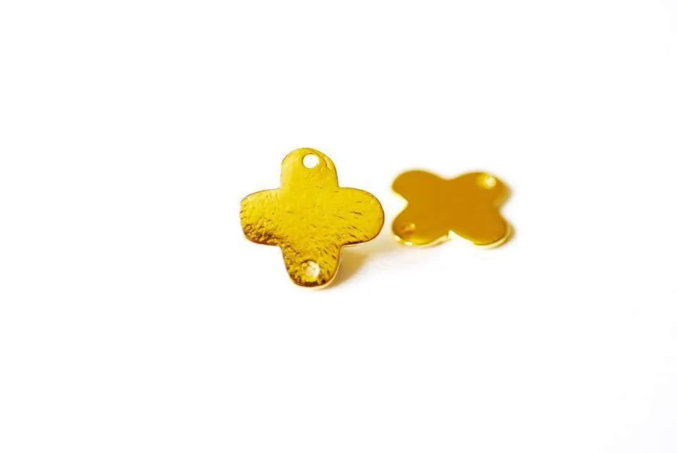 Shiny Vermeil Wholesale Gold Quatrefoil Four Leaf Clover Charm Connector- 18k gold plated over Sterling Silver, Vermeil Quatrefoil Flower Spacer Link