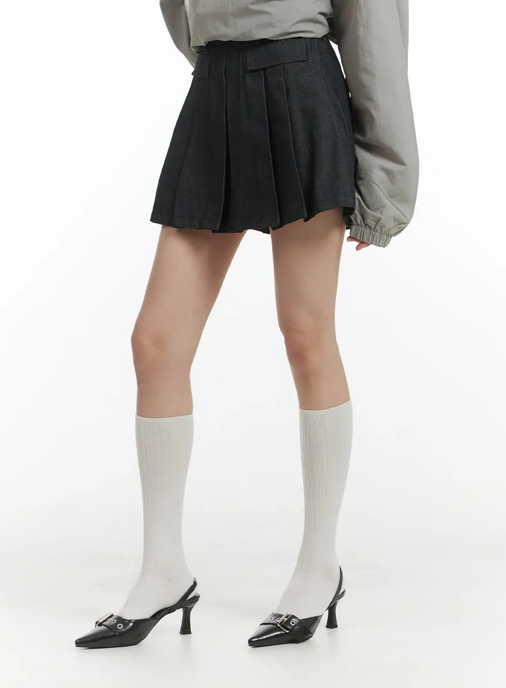 Solid Pleated Denim Mini Skirt IM406