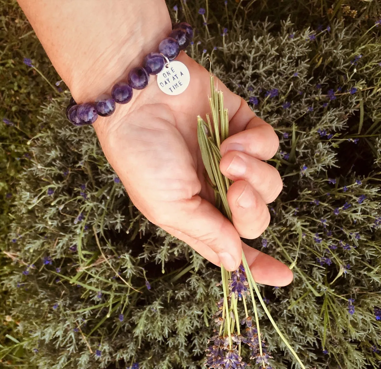 Stress Jewelry Set: One Day at a Time - Inspirational Amethyst Bracelet and Wrap Duo