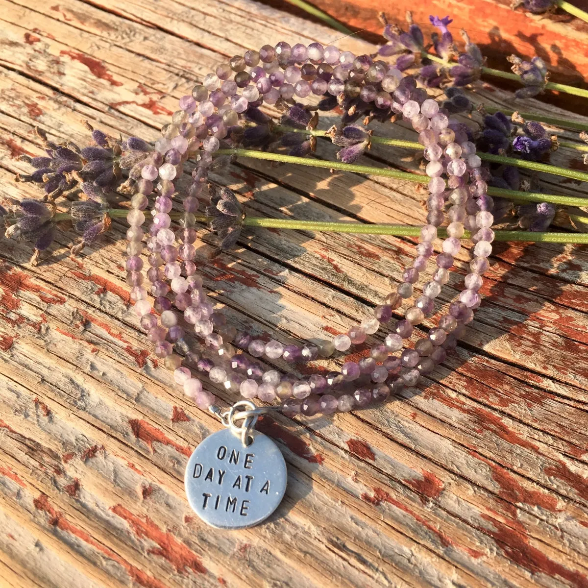 Stress Jewelry Set: One Day at a Time - Inspirational Amethyst Bracelet and Wrap Duo