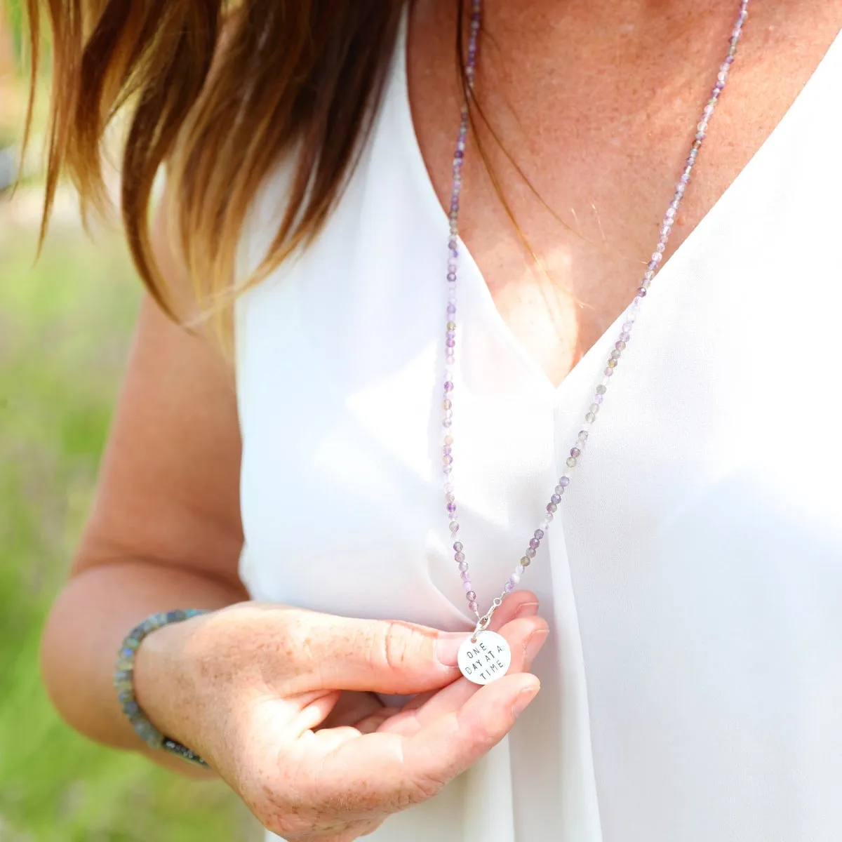 Stress Jewelry Set: One Day at a Time - Inspirational Amethyst Bracelet and Wrap Duo