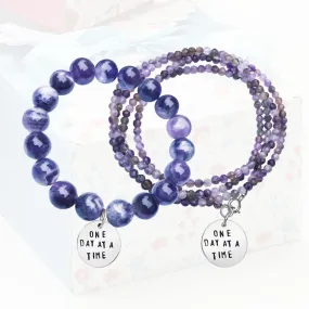 Stress Jewelry Set: One Day at a Time - Inspirational Amethyst Bracelet and Wrap Duo