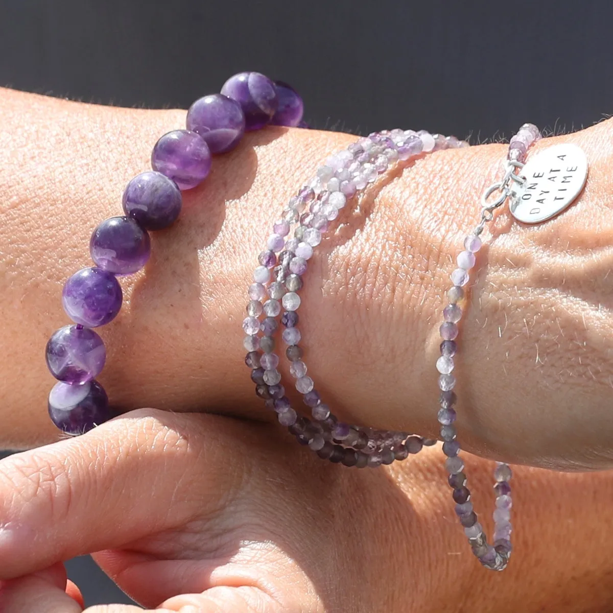 Stress Jewelry Set: One Day at a Time - Inspirational Amethyst Bracelet and Wrap Duo