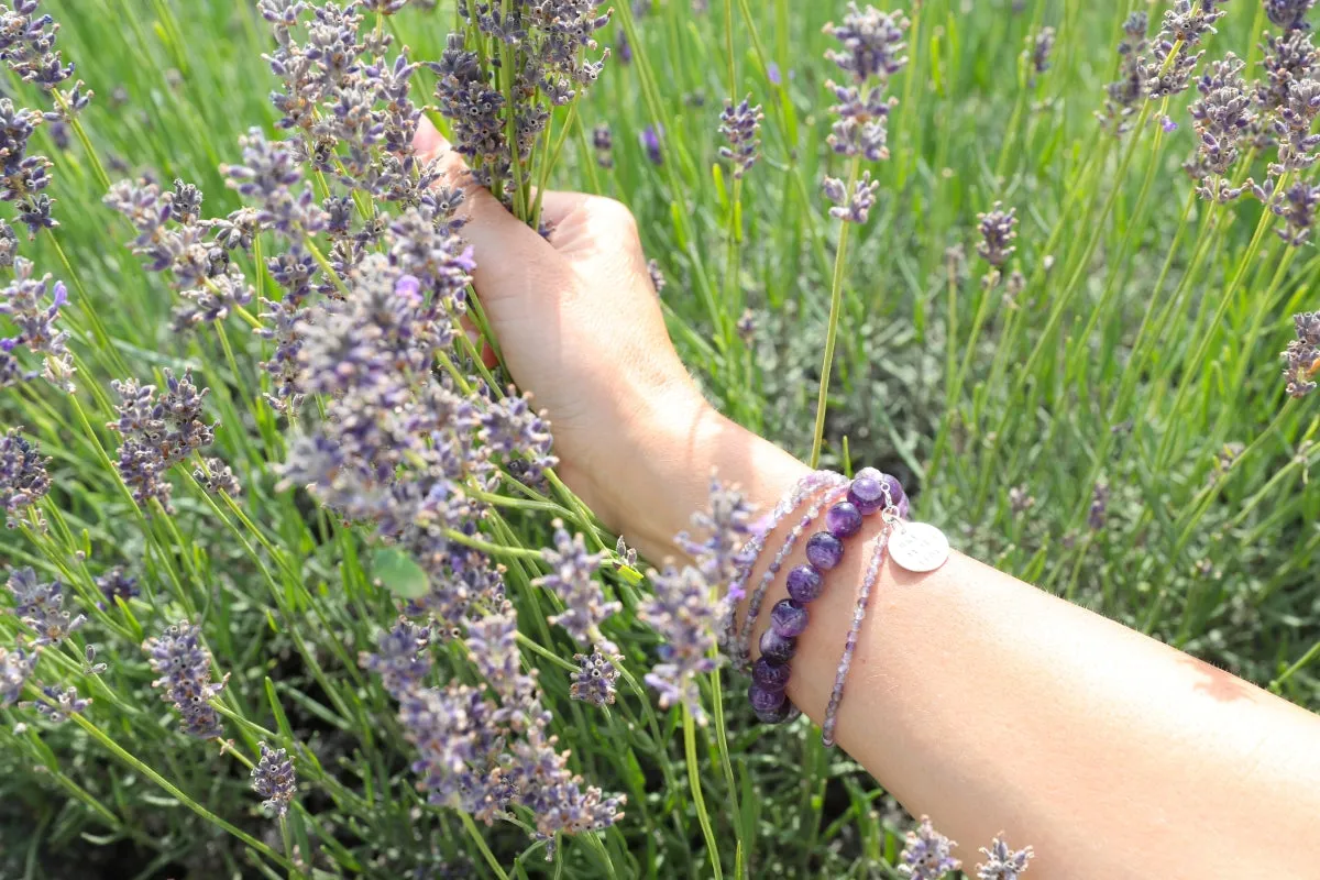 Stress Jewelry Set: One Day at a Time - Inspirational Amethyst Bracelet and Wrap Duo