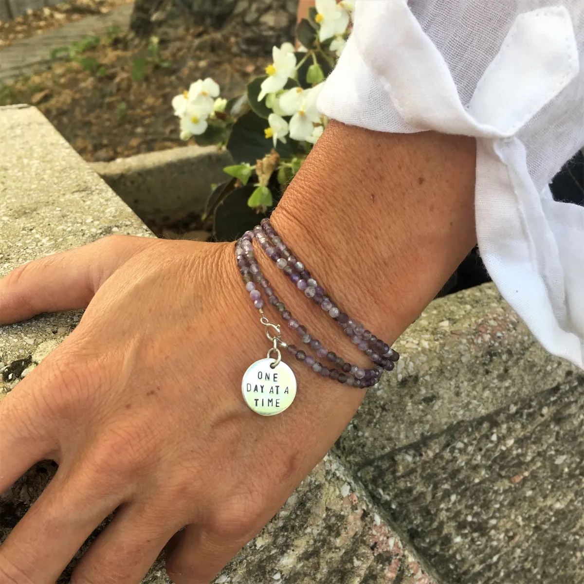 Stress Jewelry Set: One Day at a Time - Inspirational Amethyst Bracelet and Wrap Duo