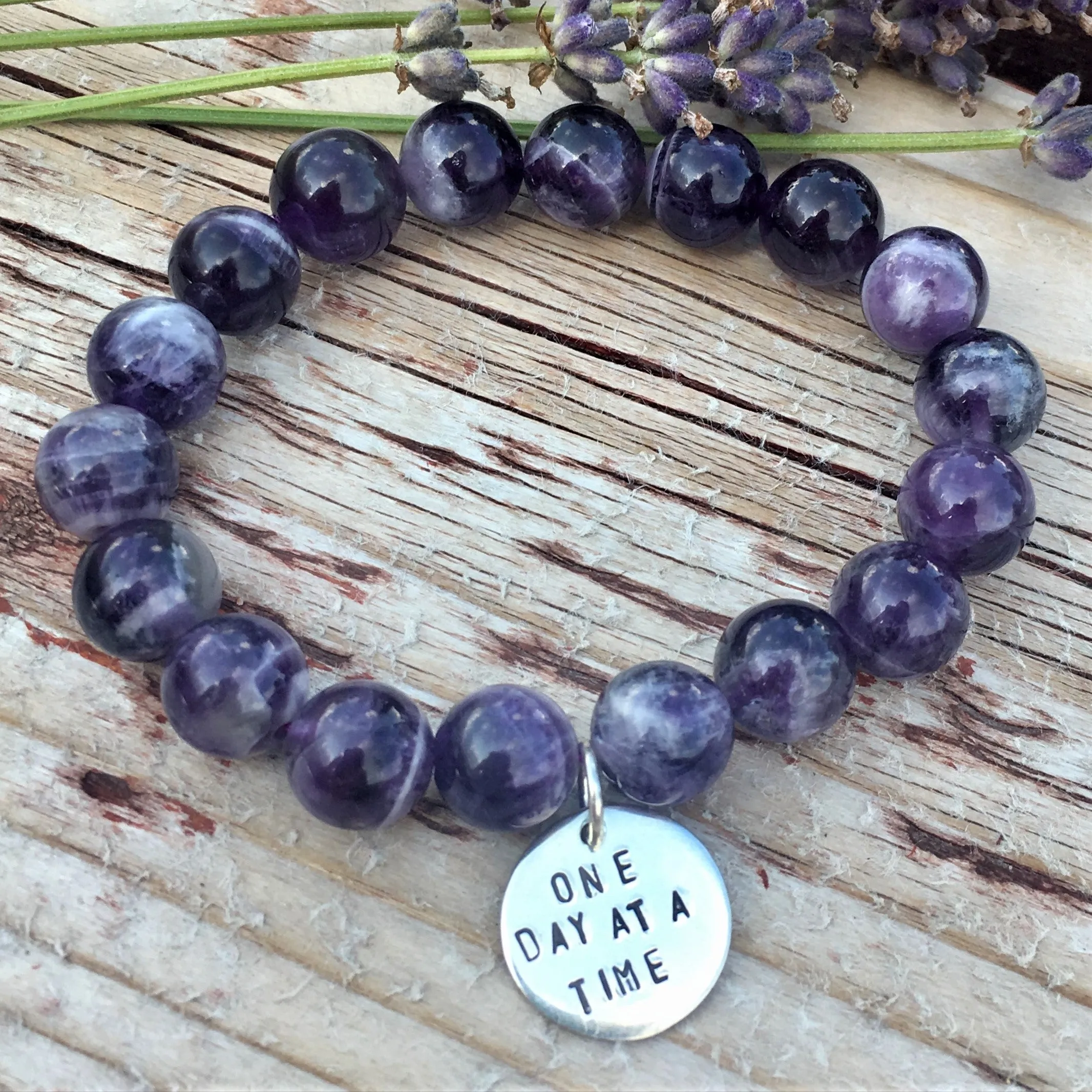 Stress Jewelry Set: One Day at a Time - Inspirational Amethyst Bracelet and Wrap Duo