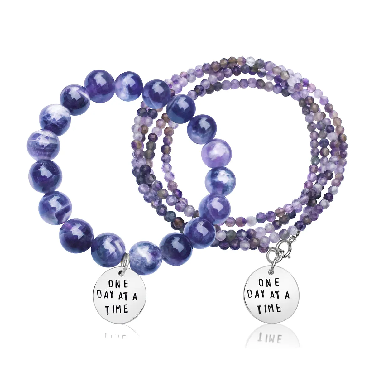 Stress Jewelry Set: One Day at a Time - Inspirational Amethyst Bracelet and Wrap Duo