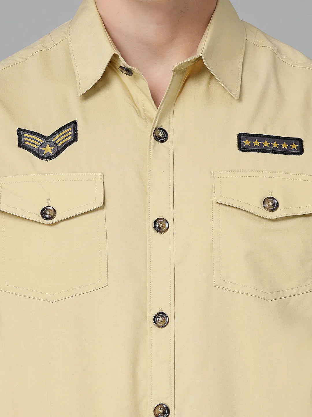 Style Quotient Men Khaki Military Patch Polycotton Regular Smart Casual Shirt