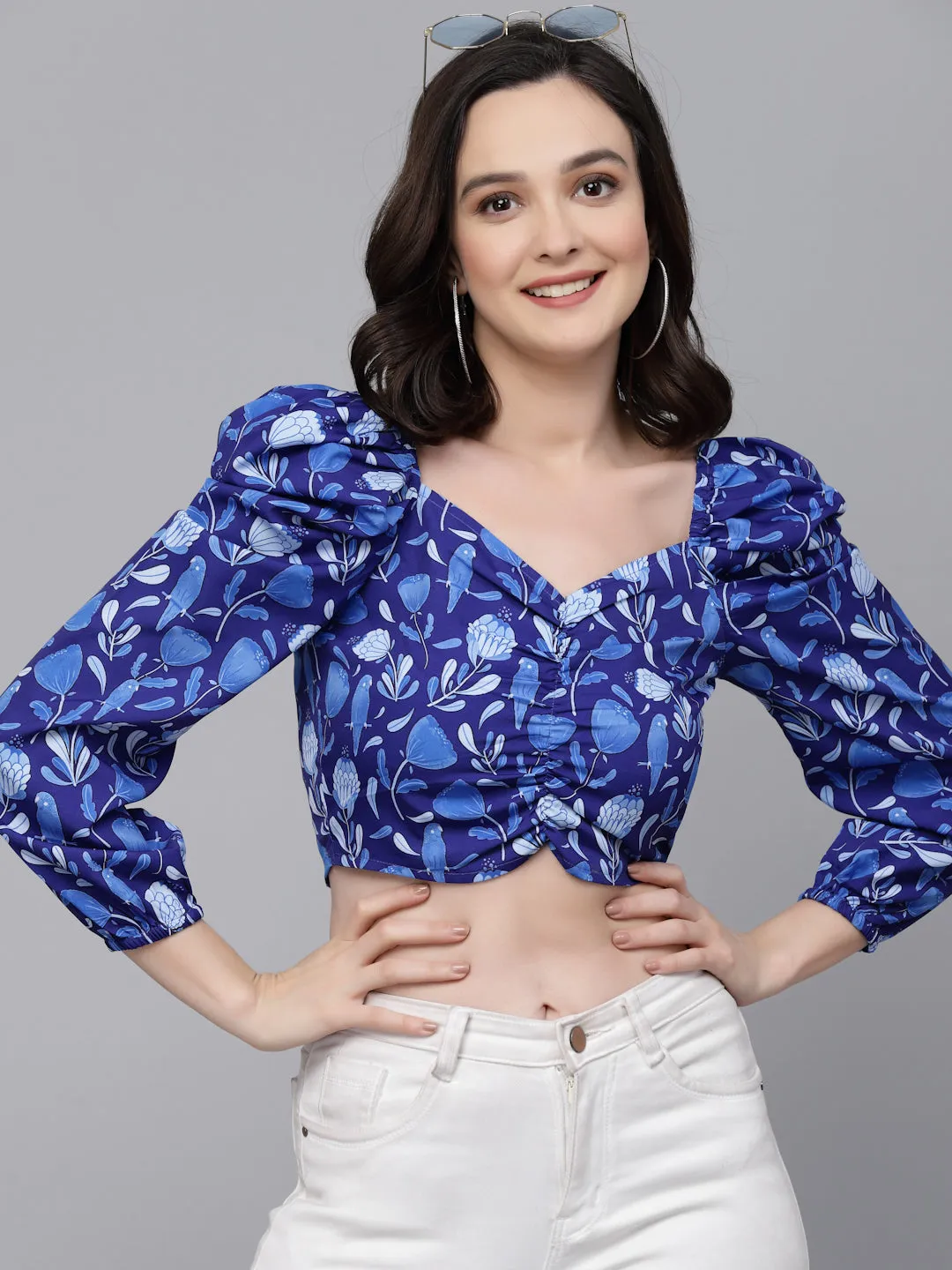 Style Quotient Women Blue Floral Printed polyester Regular Smart Casual Top