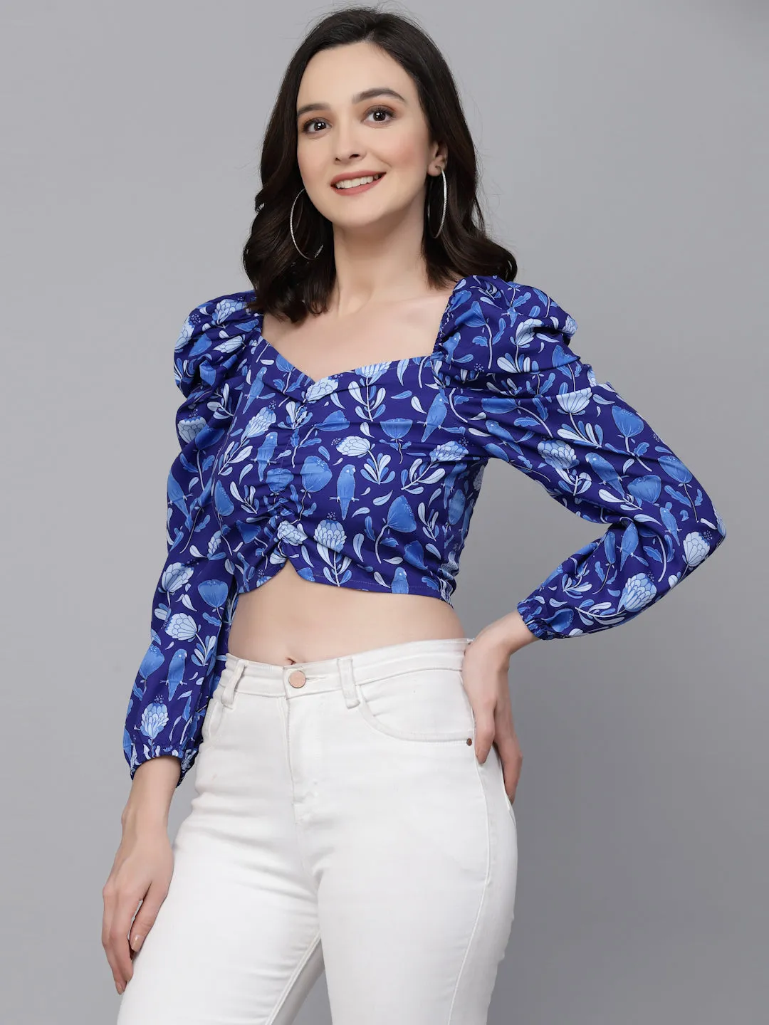 Style Quotient Women Blue Floral Printed polyester Regular Smart Casual Top