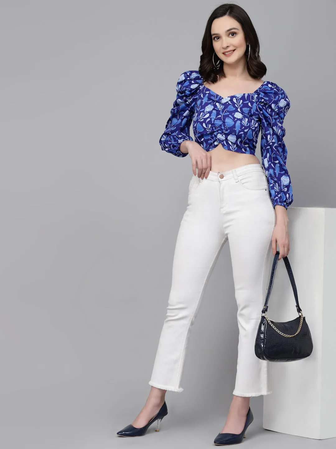 Style Quotient Women Blue Floral Printed polyester Regular Smart Casual Top