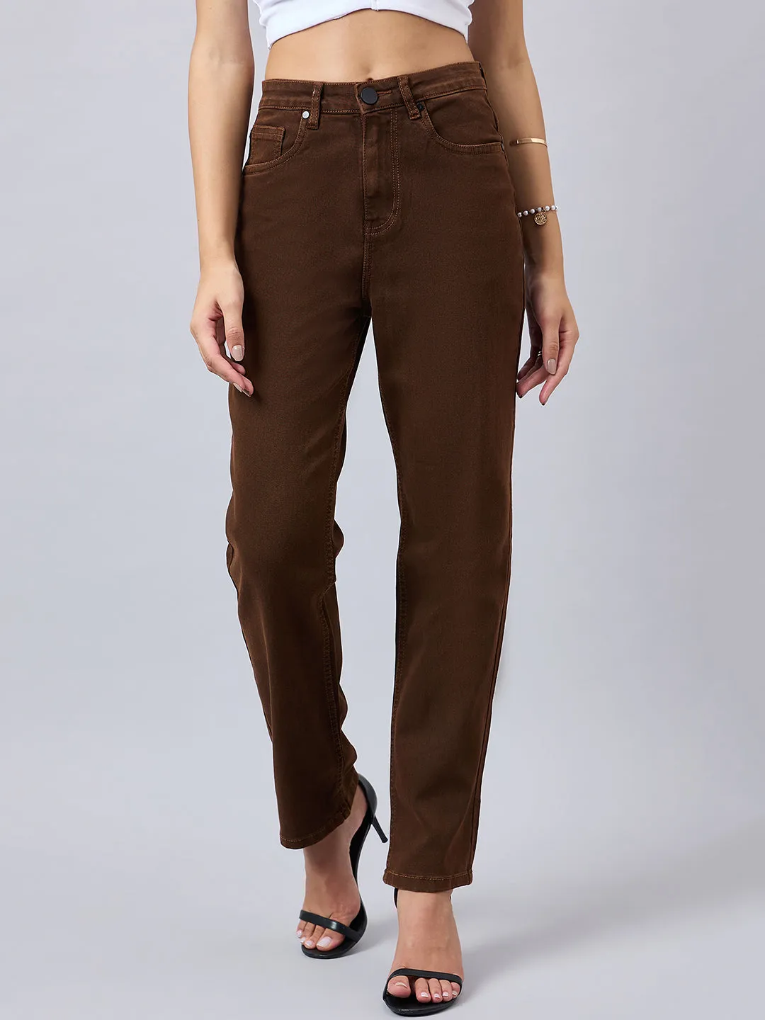 Style Quotient Women Brown Straight Fit High Rise Stretchable Jeans