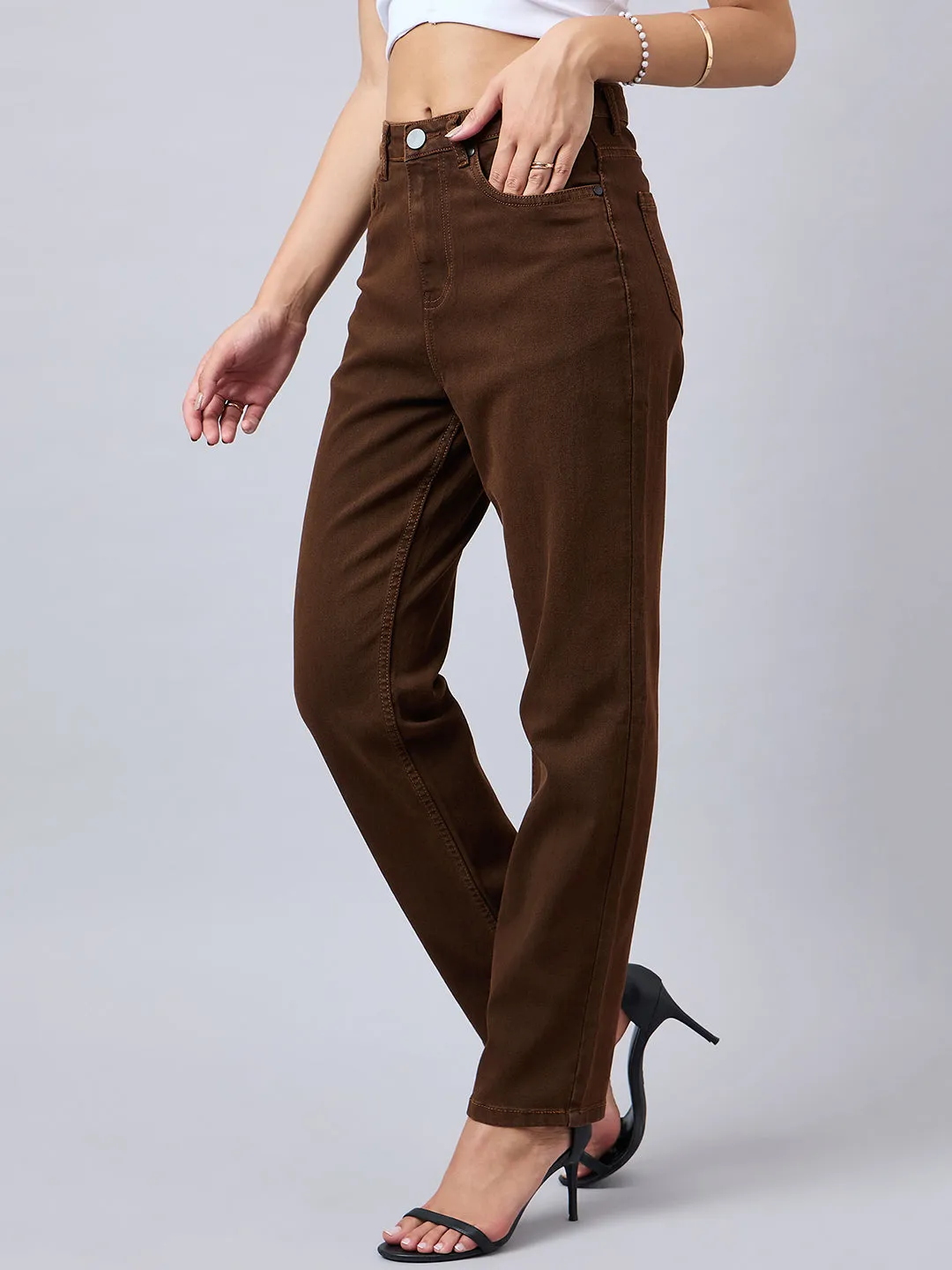 Style Quotient Women Brown Straight Fit High Rise Stretchable Jeans