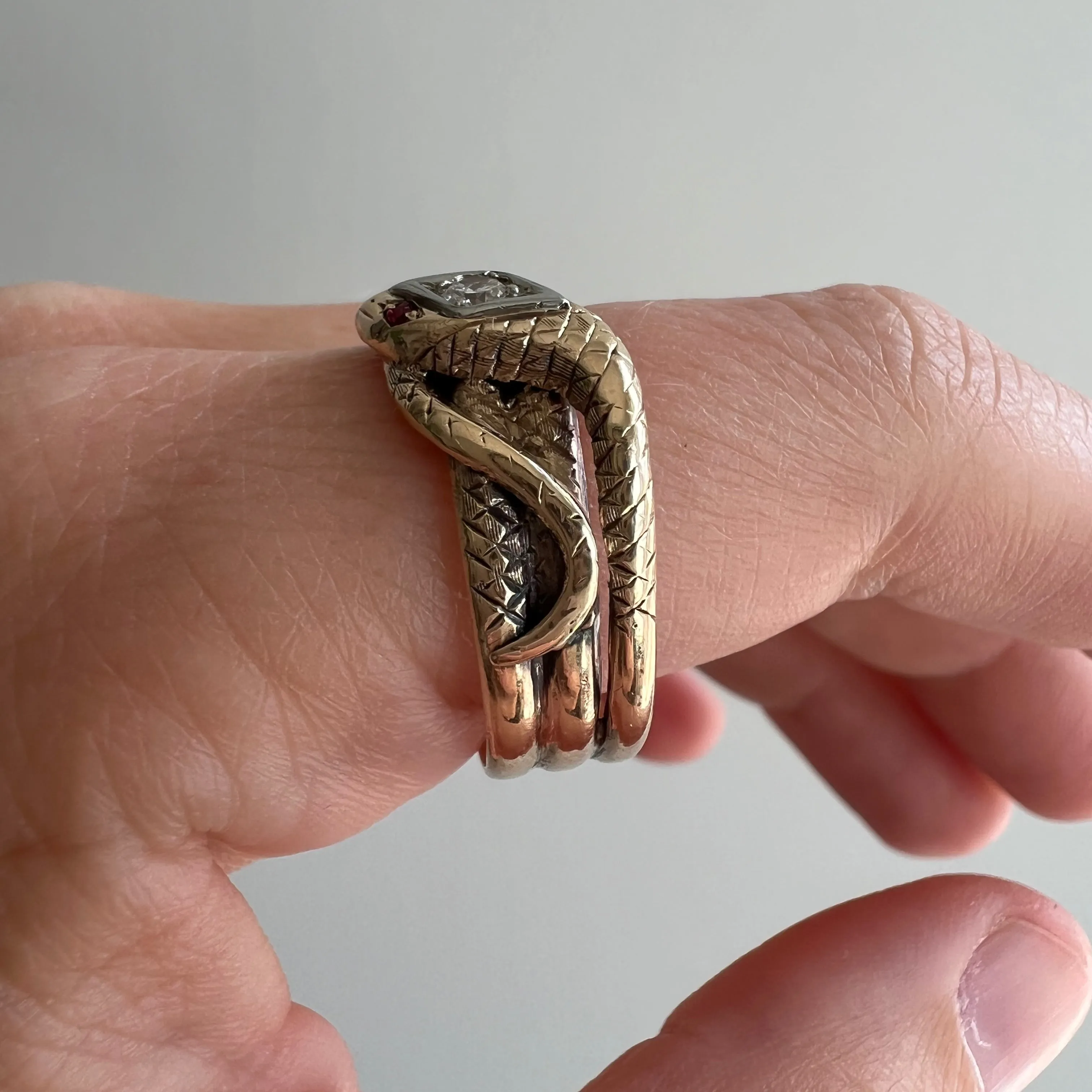 very V I N T A G E // third time around / 10k yellow gold with diamond and ruby snake ring / size 10.25-10.75