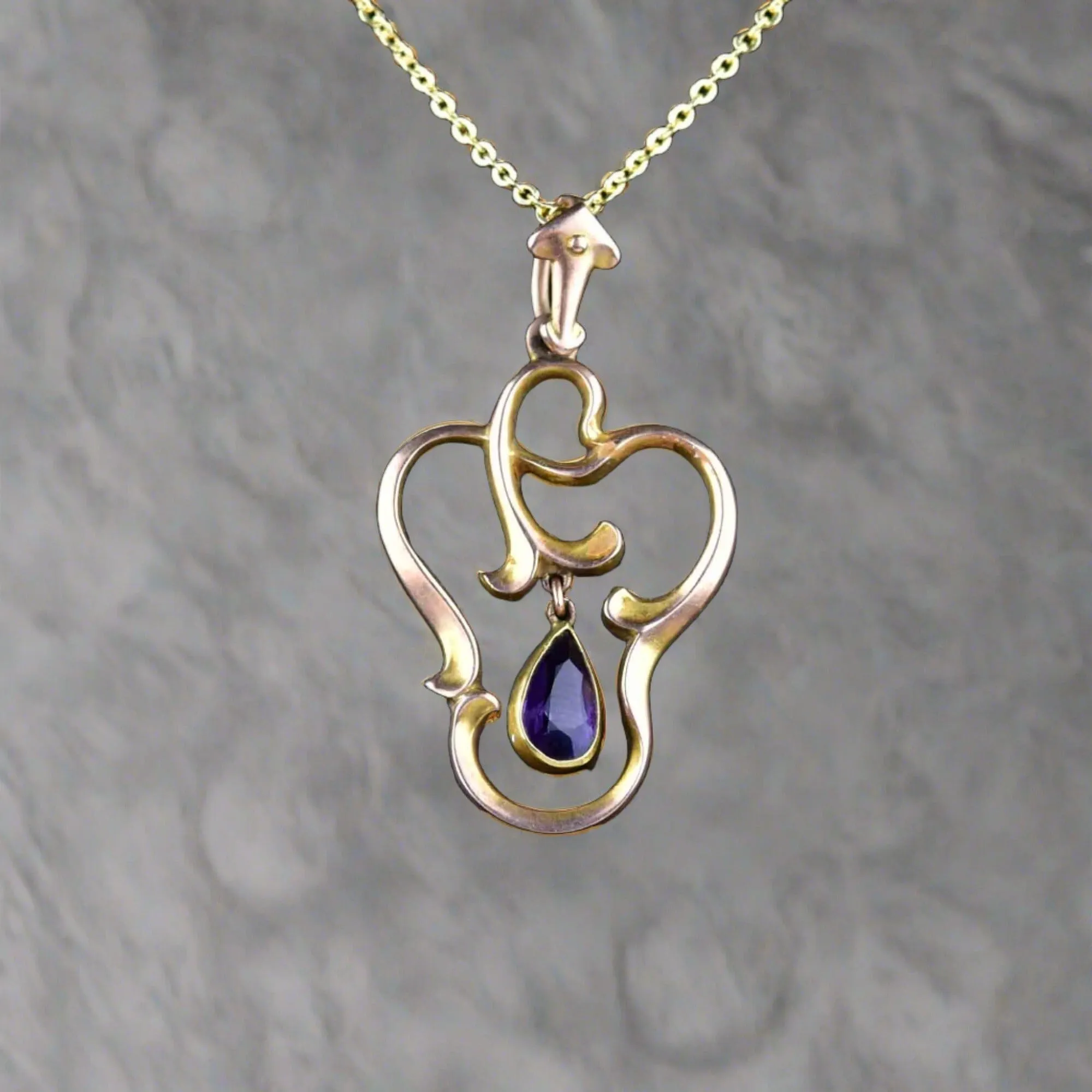 Vintage 10K Gold Amethyst Art Nouveau Style Lavalier Pendant Necklace