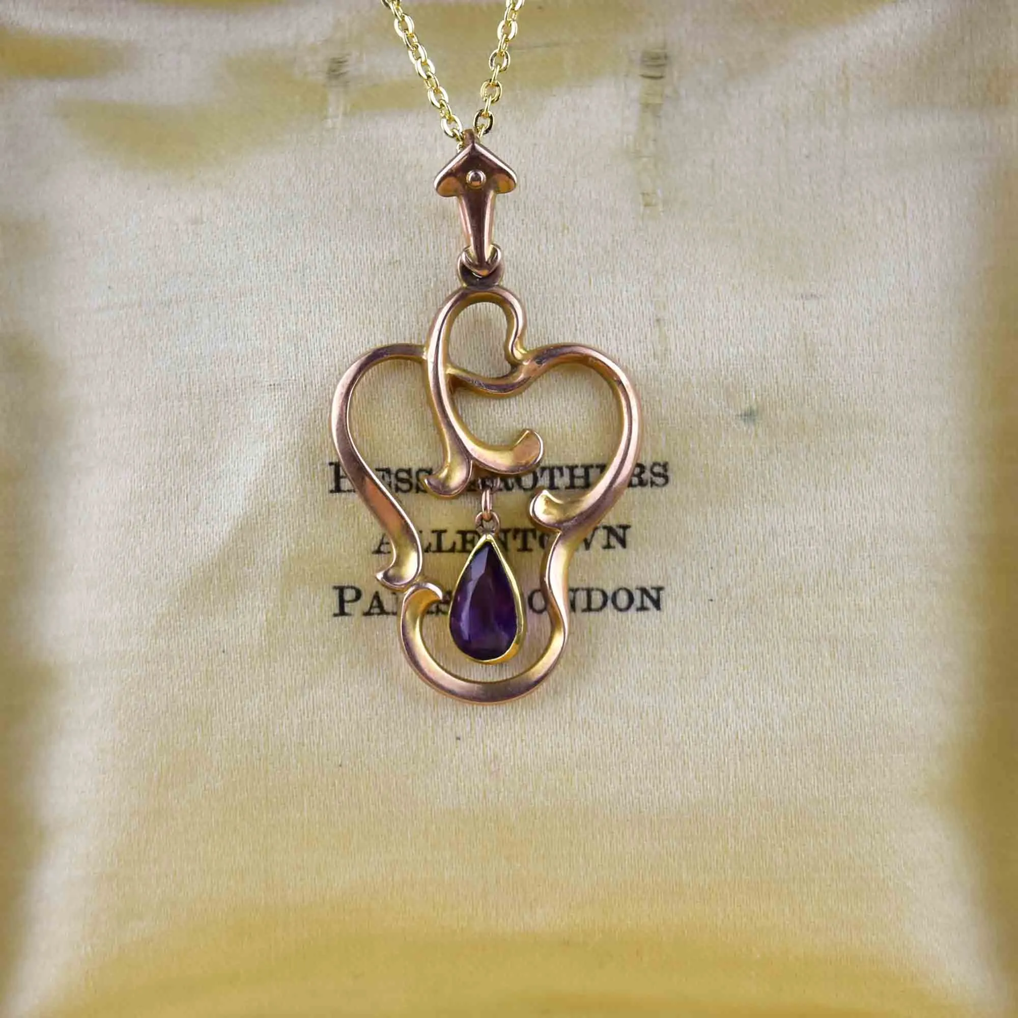 Vintage 10K Gold Amethyst Art Nouveau Style Lavalier Pendant Necklace