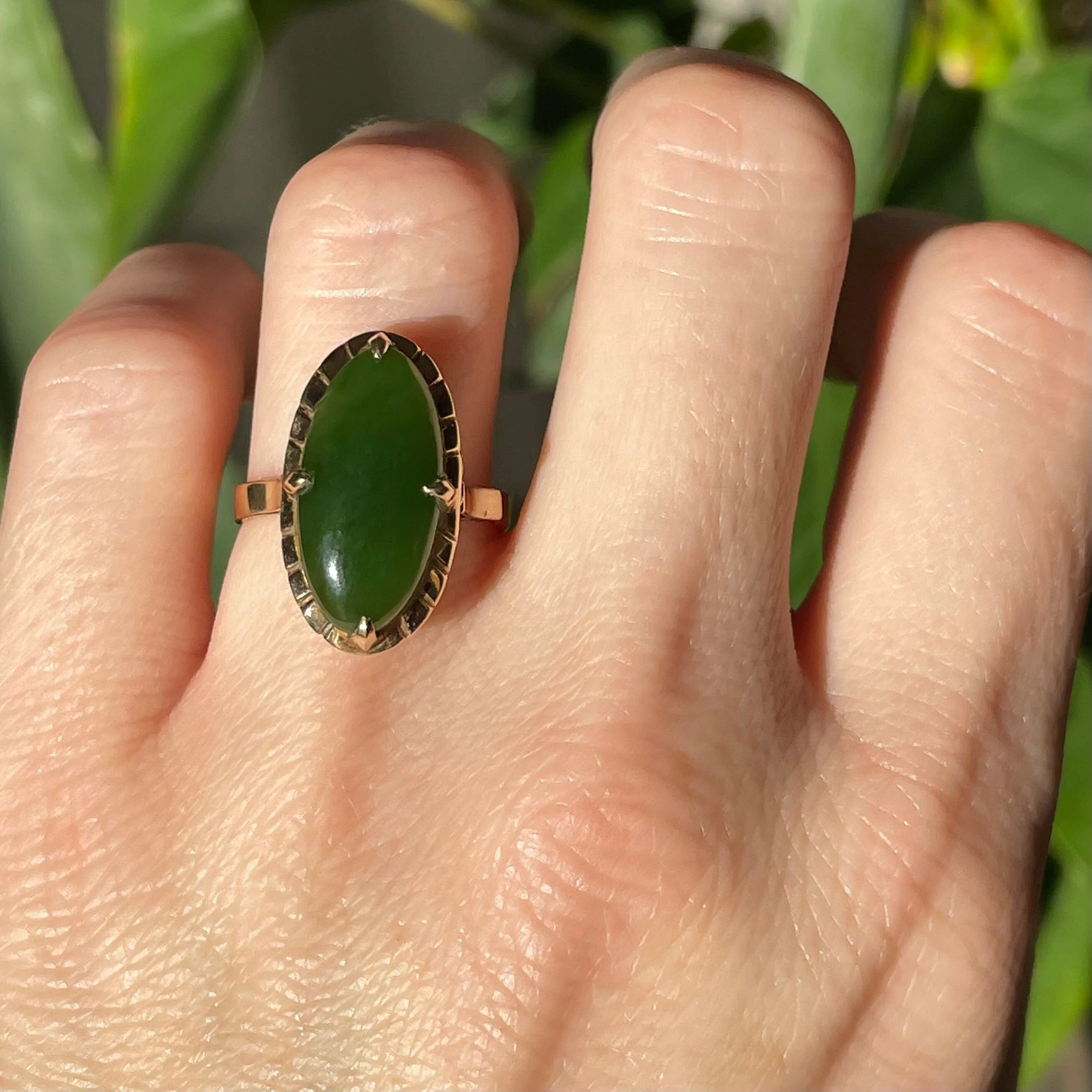 Vintage 14K Gold Jade Navette Style Ring