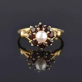 Vintage 14K Gold Pearl Garnet Halo Ring, Sz 7.5