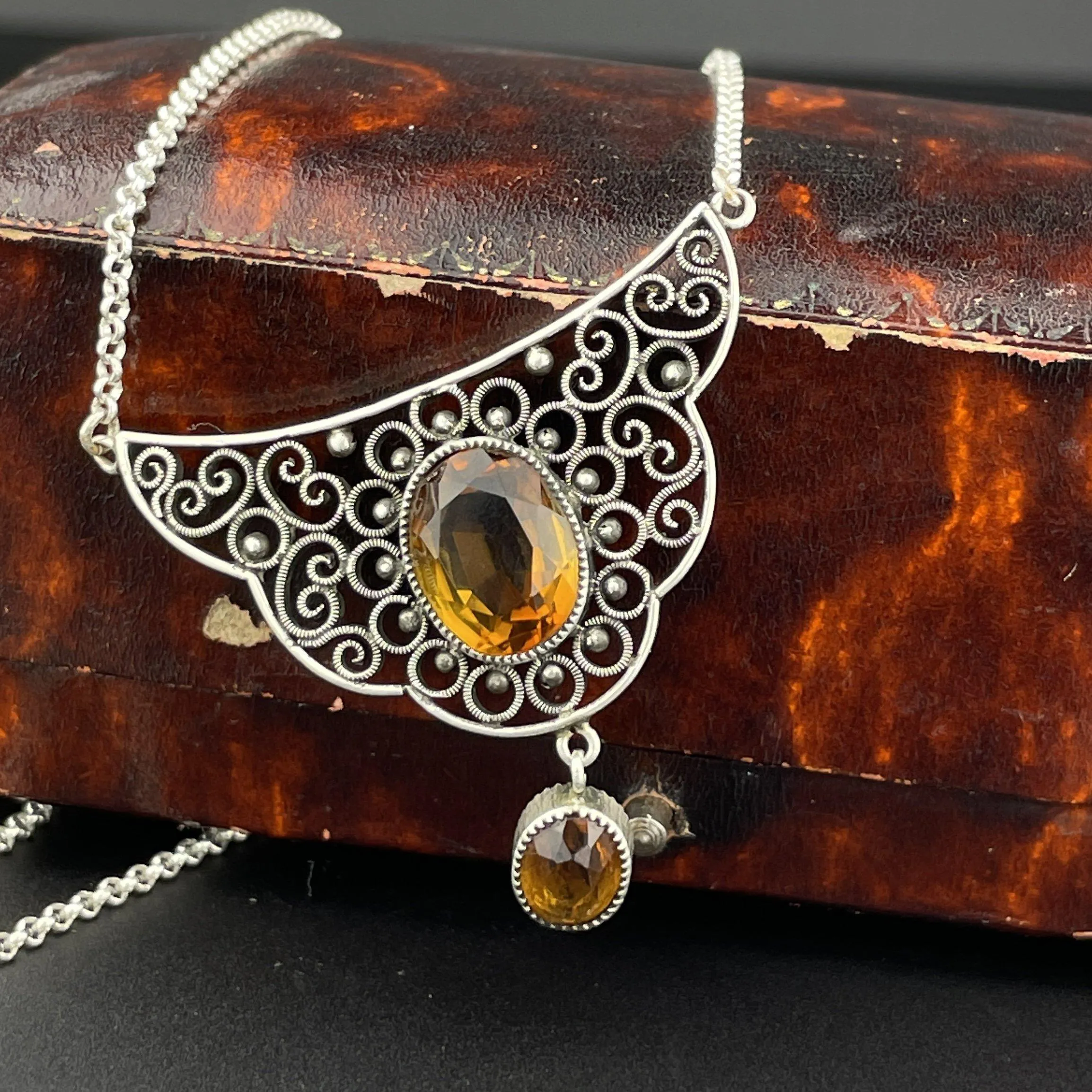 Vintage Art Deco Silver Filigree 3.75 CTW Citrine Necklace