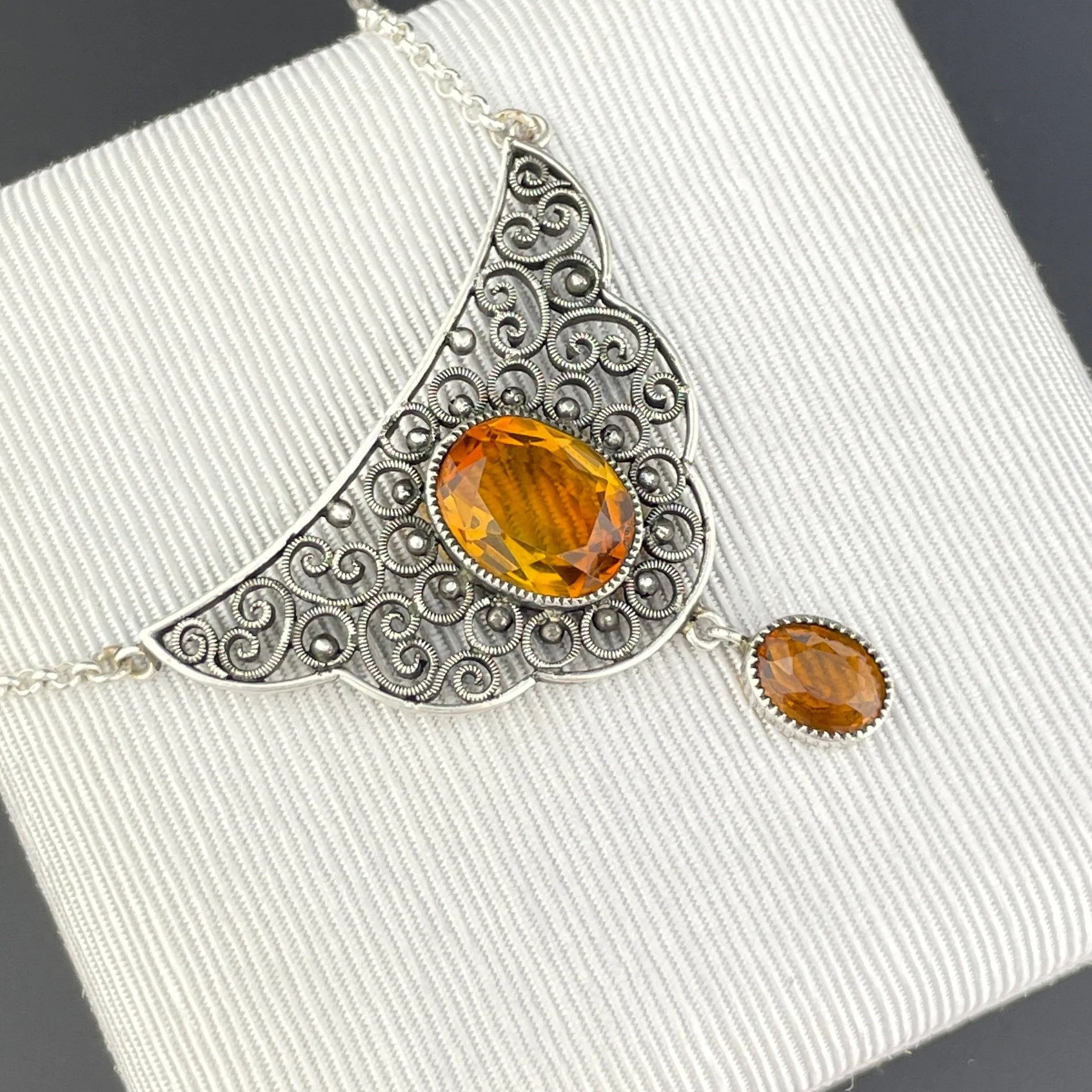 Vintage Art Deco Silver Filigree 3.75 CTW Citrine Necklace