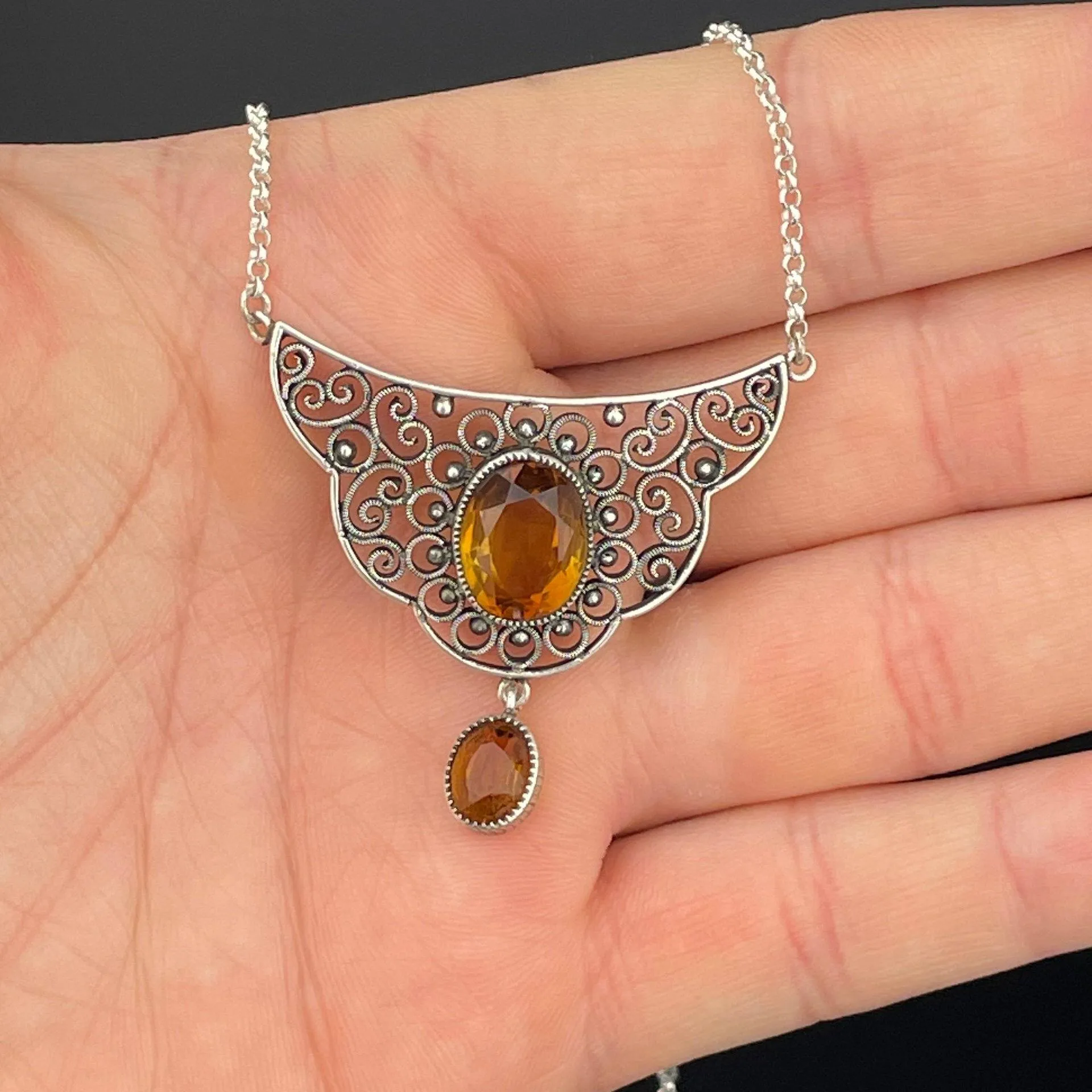 Vintage Art Deco Silver Filigree 3.75 CTW Citrine Necklace