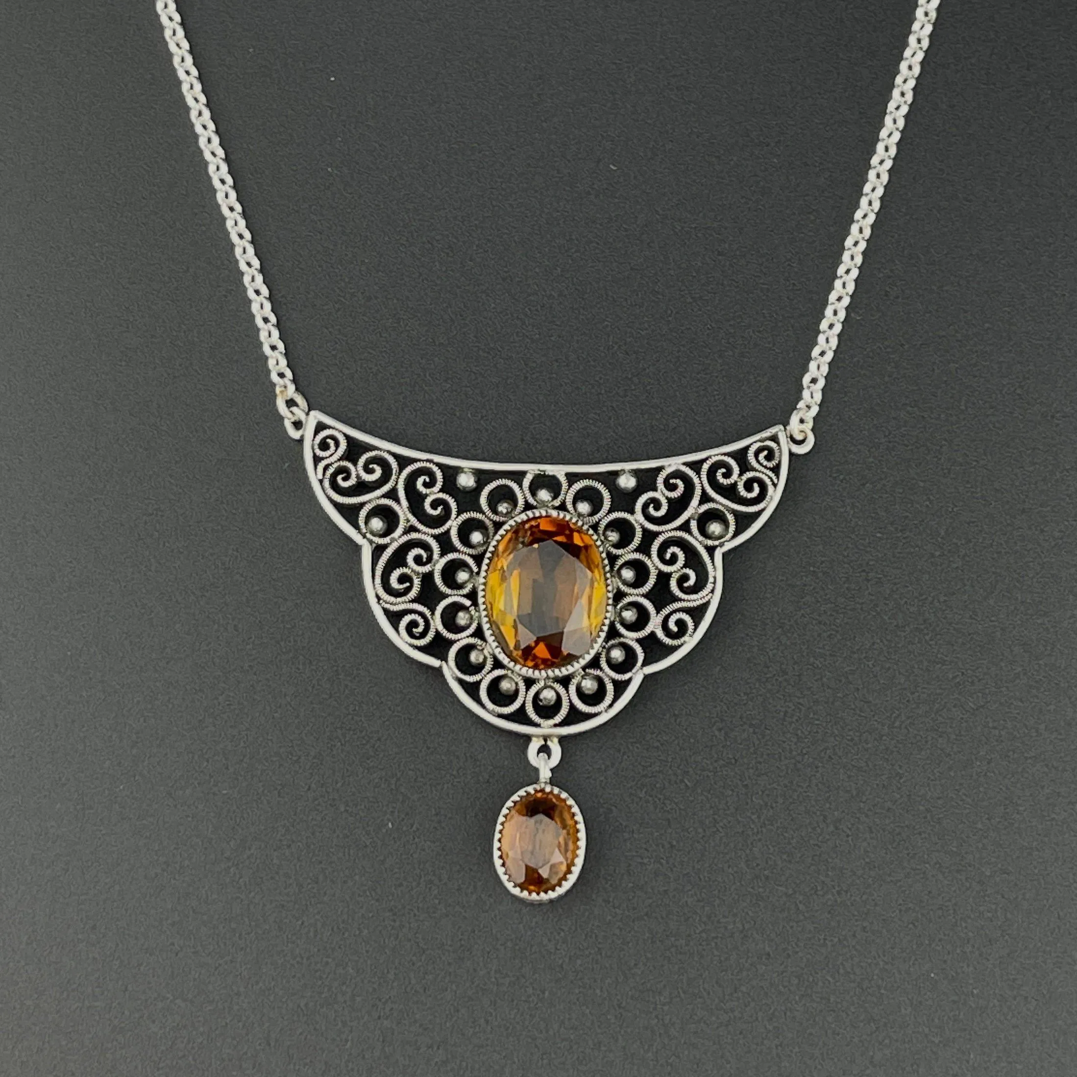 Vintage Art Deco Silver Filigree 3.75 CTW Citrine Necklace