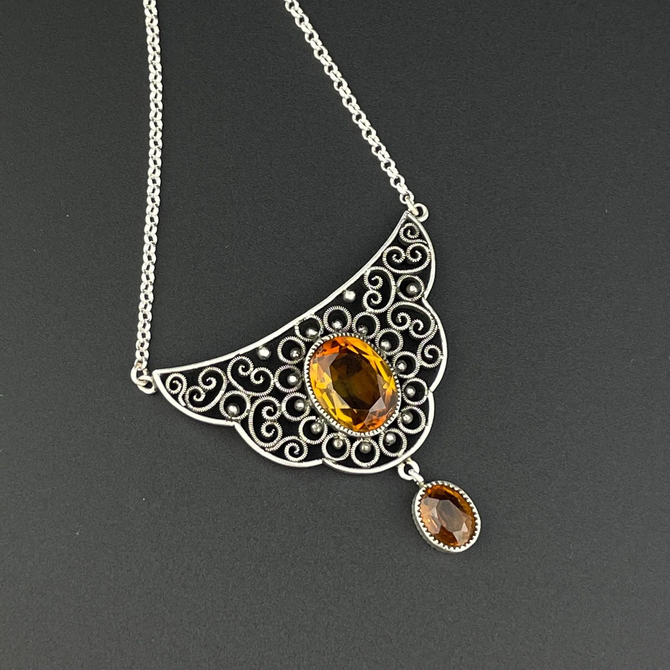 Vintage Art Deco Silver Filigree 3.75 CTW Citrine Necklace