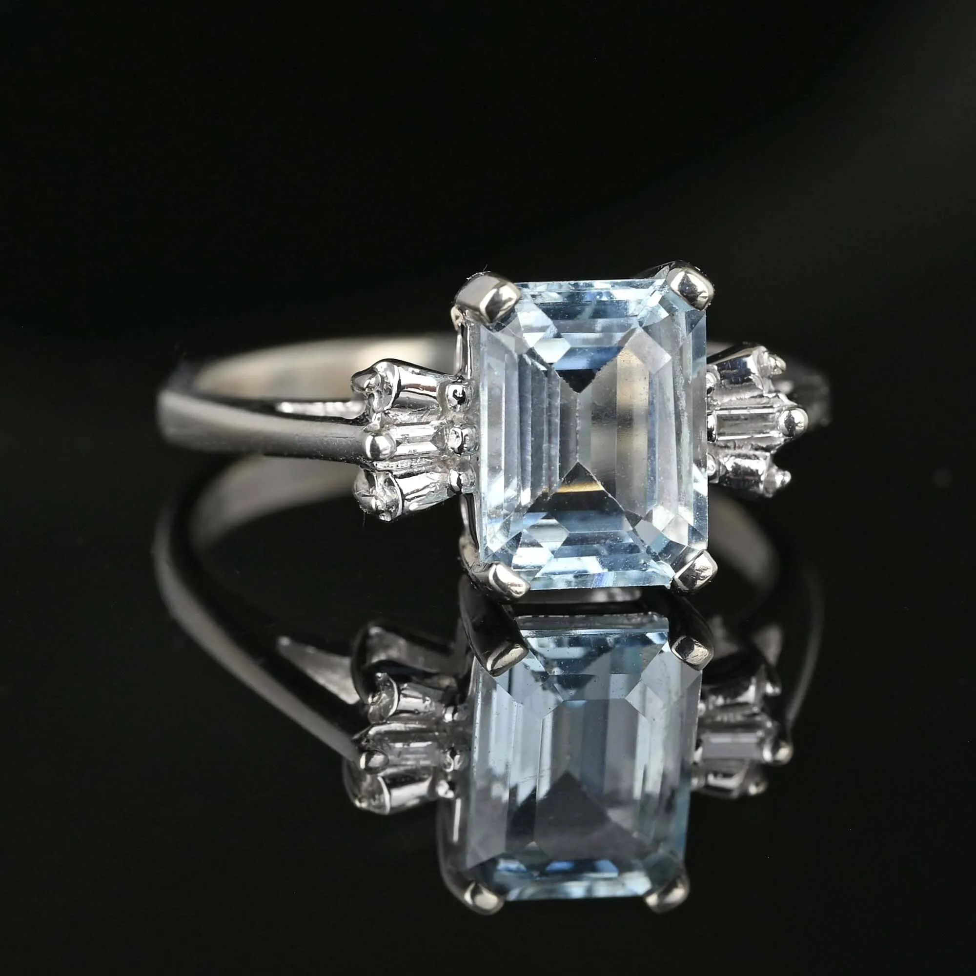 Vintage Baguette Diamond Blue Aquamarine Ring in White Gold