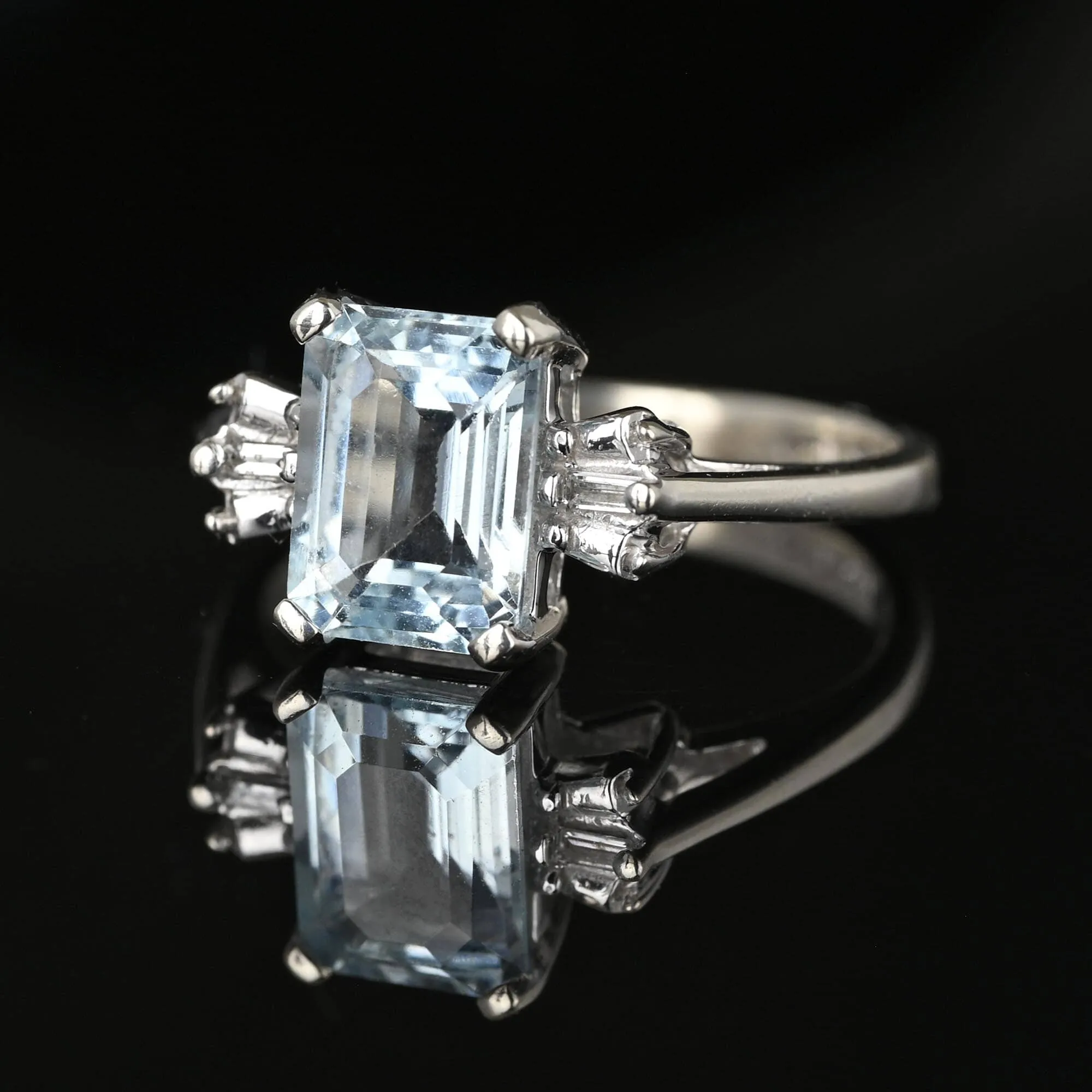 Vintage Baguette Diamond Blue Aquamarine Ring in White Gold