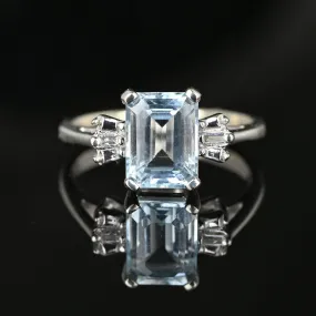 Vintage Baguette Diamond Blue Aquamarine Ring in White Gold